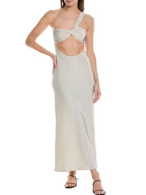NWT WeWoreWhat Ruched Asymmetrical Knit Maxi Dress Off White Metallic Size M
